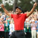 AUGUSTA, GEORGIA - APRIL 14: Tiger Woods of the United States celebrates after sinking his putt to win during the final round of the Masters at Augusta National Golf Club on April 14, 2019 in Augusta, Georgia. (Photo by Andrew Redington/Getty Images)